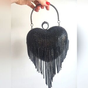 Natasha collection black fringe rhinestone heart crossbody Evening bag NWT